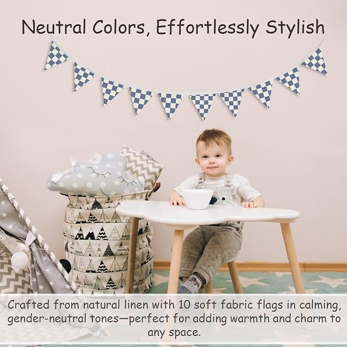 Boys Room Wall Art Decor,Cars Room Decor for Toddler Nursery Playroom,Blue and White Checkered Garland Triangle Banners,Racing Flags 11Ft Bunting Flags Fabric for Baby Shower Birthday Party