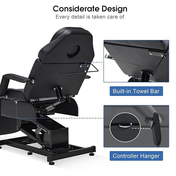 BarberPub Fully Electric Facial Bed with 3 Motor for Esthetician, Electric Tattoo Chair for Client, Facial Bed for Esthetician, Electric Adjustment 2751 (Black, Height (Flat): 25.2"–37")