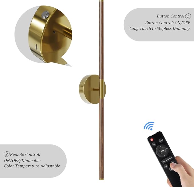 32" Battery Operated Wall Sconce Set of 2, 350° Rotating Lamp, Walnut Gold | Wireless, 8000mAh Rechargeable Battery, Stepless Dimming, 3000K-6000K, Remote & Touch Control, Timer, Living Room, Bedroom