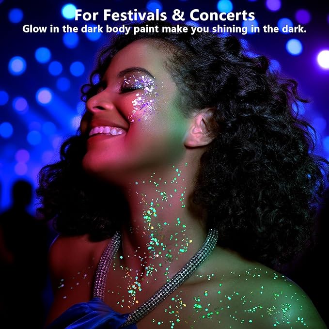 Teenitor 24 Colors Glow in The Dark Body Glitter Face Glitter Gel for Halloween, Hair Glitter for Kids Rave Accessories, Chunky Glitter Face Glitter for Women Makeup in Festivals Party