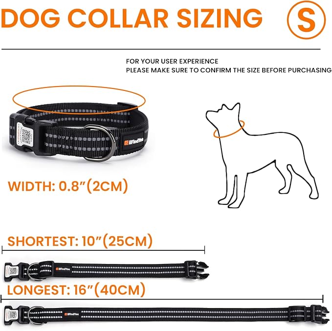 Personalized Dog Collar with QR Code Dog Tag, Black S | Anti-lost, 1000D nylon, reflective, padded, XS-L(8"-24"), QR buckle shares lost pet profile, location alerts when scanned