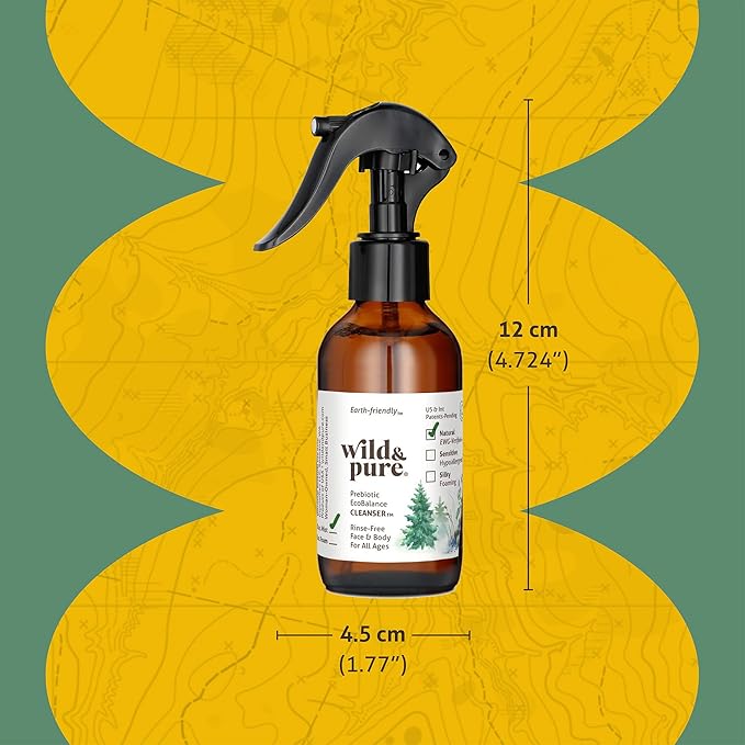Wild & Pure EWG Verified Natural Body Wash Spray (4oz) | pH Balanced, Microbiome-Friendly, Plant-Based | No-Rinse Cleanser, Deodorizer, Moisturizer for Face, Hands, Body | Refillable Skincare