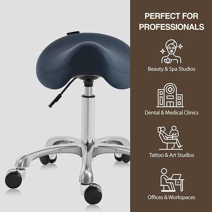 Ergonomic Saddle Stool Adjustable Pneumatic Swivel Rolling Saddle Seat Stool with Wheels for Medical Hygienic SPA Massage Salon Home and Office 506 Haku (Queen Blue)