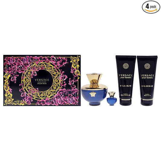 Versace Dylan Blue 3.4oz EDP Spray, 3.4oz Body Lotion, 3.4oz Bath and Shower Gel, 0.16oz EDP Spray Women 4 Pc Gift Set