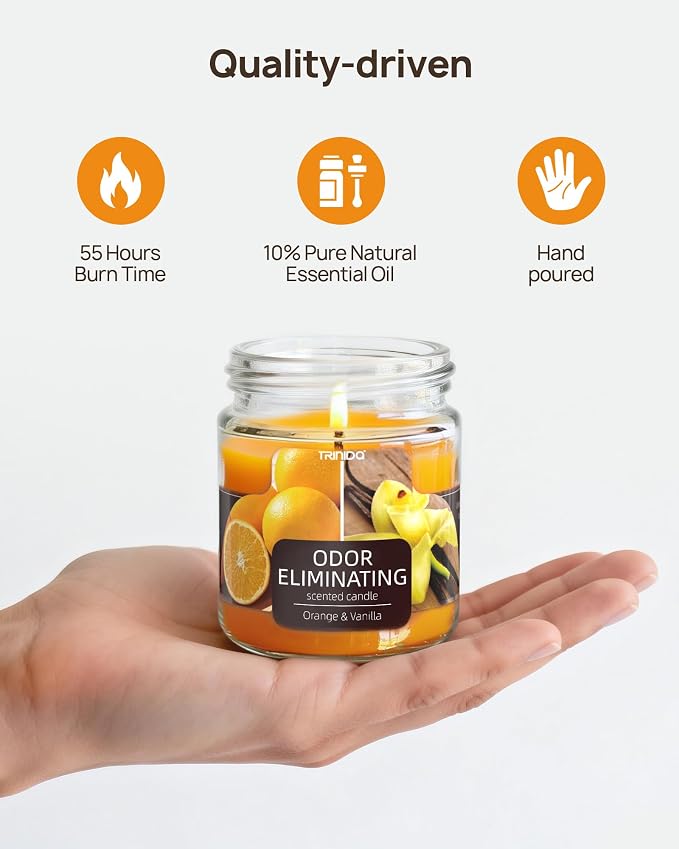 TRINIDa Orange & Vanilla Odor Eliminating Candles for Home Scented, Eliminates 99% of Pet, Smoke, Food and Other Smells Quickly, Highly Fragranced Candle, Premium Soy Candles Set for Women