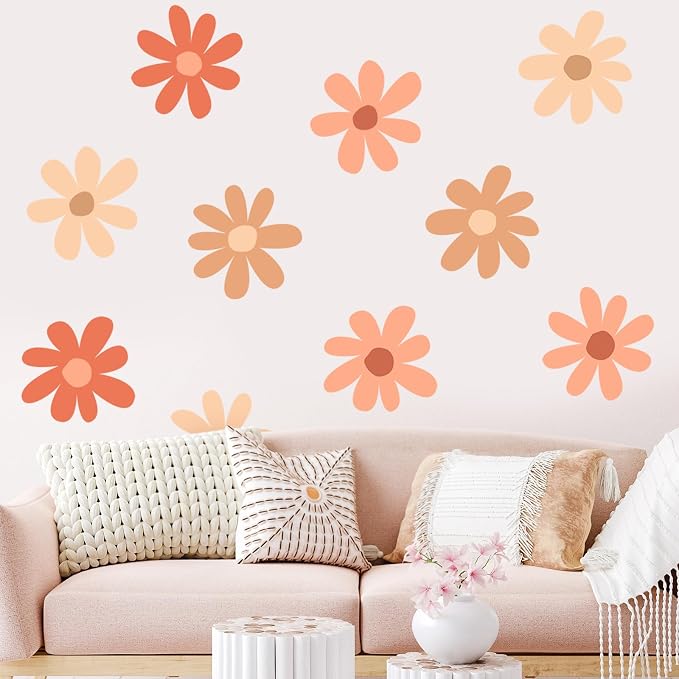 TaoBary 12 Sheet Daisy Wall Sticker Decal,Orange,Colorful Classic Style | Big Flower Wall Sticker, Pink White Floral Decal, Daisy Bedroom Room Decor, Removable Peel and Stick, Nursery Home Wall Decor