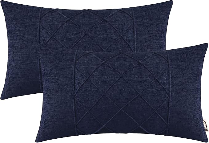 BRAWARM Chenille Throw Pillow Covers 12x20 Inches, Navy Blue, 2 Pack | Decorative Lumbar Pleated Pillow Covers, Soft Cushion Cases for Sofa Bed Living Room Home Farmhouse (No Insert)