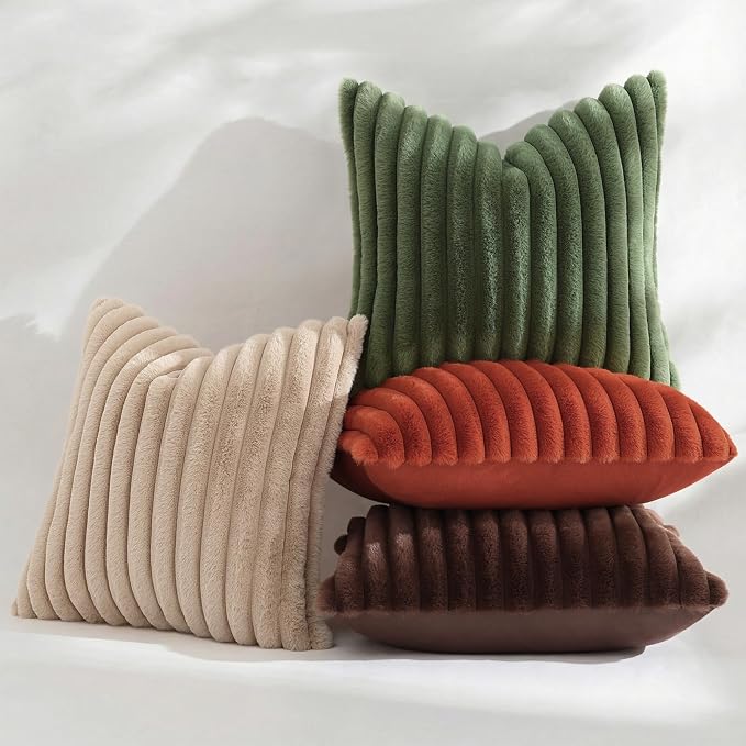 decorUhome Fall Faux Fur Throw Pillow Covers 24x24 Set of 2 Khaki Brown | Decorative Soft Cozy Striped Plush Modern Farmhouse Boho Couch Pillow Cases Velvet Back for Sofa Bed Living Room Home Decor