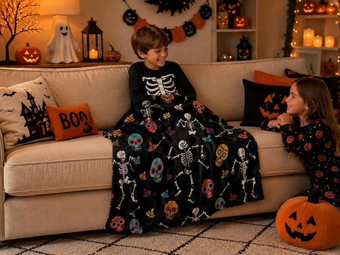 Halloween Fleece Throw Blanket, Dancing Skeletons & Sugar Skulls, 50x70 in | Ultra-soft cozy flannel fleece, for sofa couch bed chair & dorms, spooky Halloween décor, durable and machine washable.