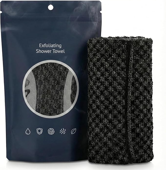 Exfoliating Shower Towel, Exfoliating Skin Bath Towel, Premium Scrub Wash Cloth for Face & Body Scrub Towel, All Skin Types for Men and Woman (Black)