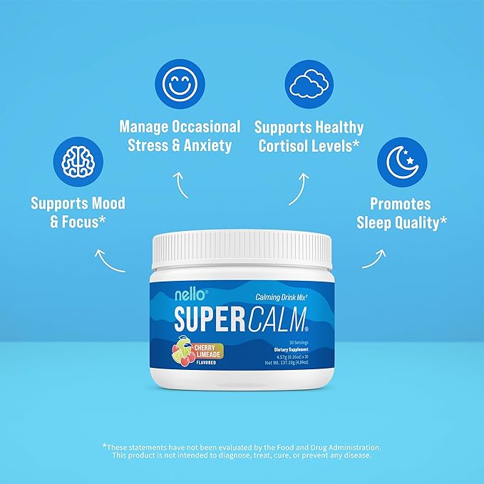 Nello Supercalm Powdered Drink Mix Tub, Cortisol Reducer* and Sleep Aid Supplement, L Theanine, Ksm-66 Ashwagandha, Magnesium Glycinate, Vitamin D 3, No Sugar, Non GMO, 30 Ct, Cherry Limeade