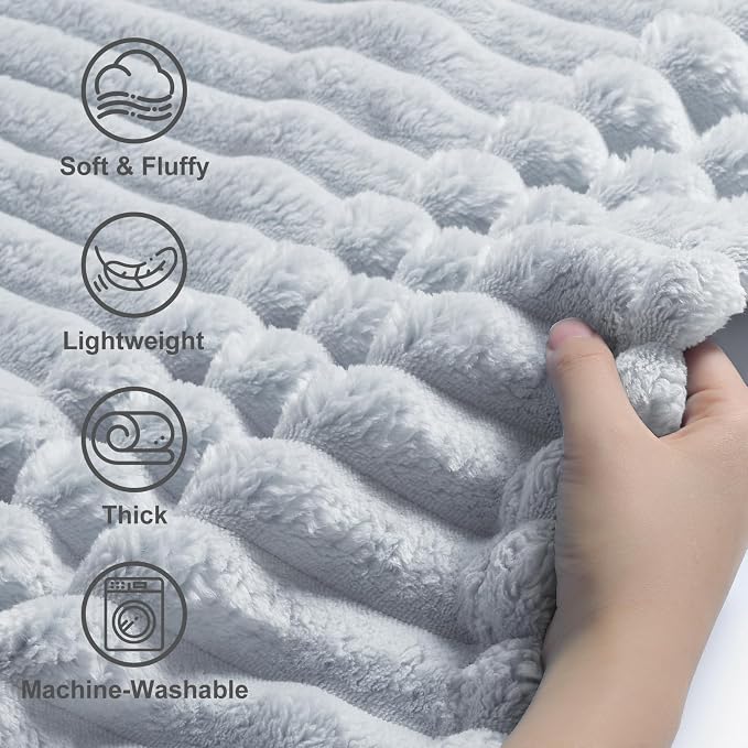 decorUhome Light Grey Fleece Twin Blanket 60x80 Inches | Soft Couch Cozy Fluffy Plush Flannel Striped Blanket for Sofa Bed, Lightweight Decorative Ribbed Fuzzy Blanket for Woman