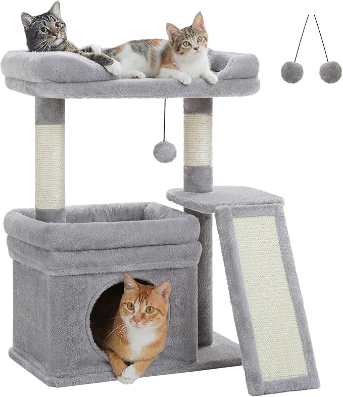 PEQULTI Cat Tree for Small Medium Cats, Gray Cat Tower for Indoor Cats | Gray aesthetic cat furniture with soft perch, private condo, natural sisal scratch post for indoor small medium kittens
