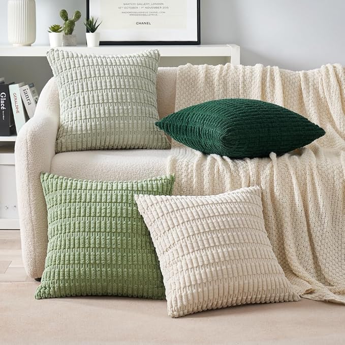 MIULEE Pack of 4 Summer Neutral Corduroy Decorative Throw Pillow Covers 20x20 Inch Farmhouse Boho Rustic Soft Striped Pillow Covers Home Decor for Sofa Living Room Couch Bed Green | Neutral Rustic Farmhouse Boho Soft Striped Pillow Covers,Home Decor fo...