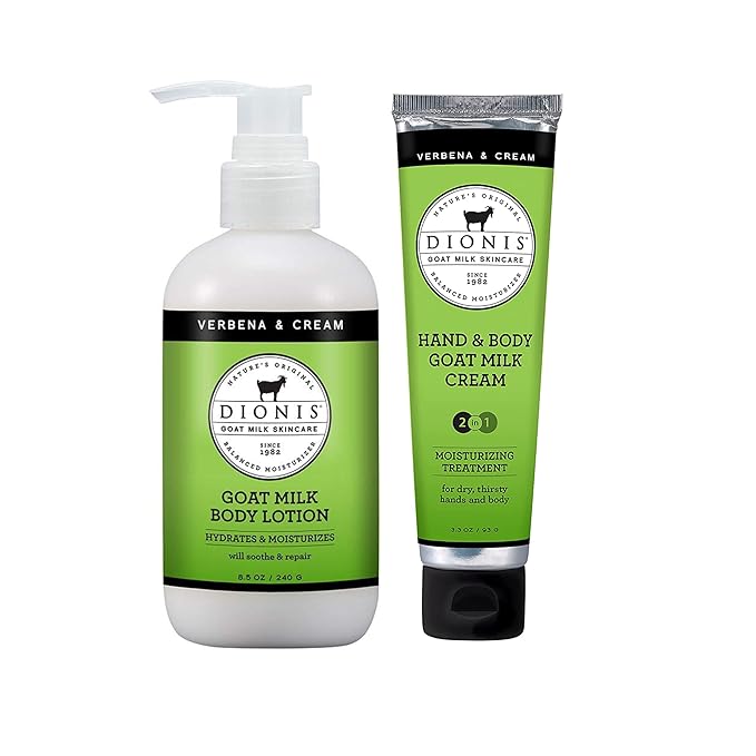 Dionis Goat Milk Verbena Hand & Body Cream and Body Lotion Bundle (Pack of 2)