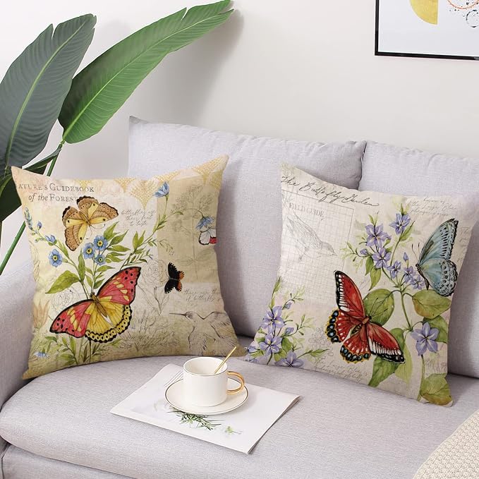 wyooxoo Farmhouse Pillow Covers 16x16 Set of 4 Spring Summer Throw Pillow Covers Linen Flower Butterfly Bird Decorative Pillowcases for Sofa Couch Living Room Outdoor