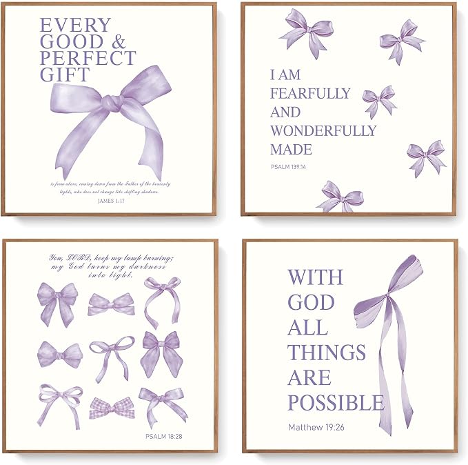 LARTSFRO Coquette Purple Bow Wall Art Decor Posters, Purple Bow Room Bedroom Bathroom Dorm Wall Art Decor Aesthetic for Teen Girls Gifts, Inspirational Bible Verses Bow Wall Decor, 10x10 Inch Set of 4 Pcs Bow Pictures (UNFRAMED)
