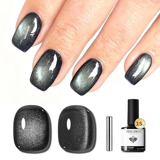 modelones Black Cat Eye Gel Nail Polish Silk Glass Shimmer Black Nail Polish Holographic Glitter Magnetic Polish with Magnet Soak Off Led 15 ML