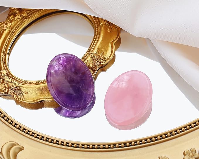 QINJIEJIE 2PCS Thumb Worry Stones for Anxiety Healing Crystals Rose Quartz Amethyst Hand Carved Stones Pocket Meditation Oval Crystal Natural Reiki Relax Palm Stone Therapy Stocking Stuffers Adults