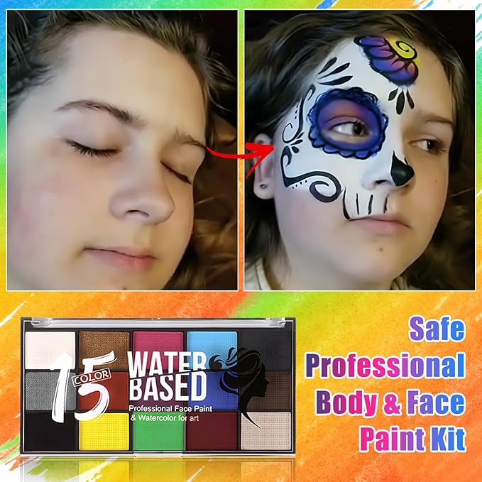 15 Color Face Paint Kit, Professional Face Painting Kit SFX Makeup Palette, Water Activated Body Paint for Cosplay Halloween Party for Kids and Adults Safe Non Toxic with 12 Pcs Brush & Stencils Matte