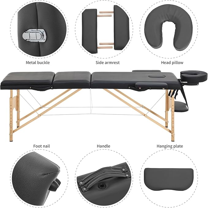 Artechworks Massage Table Massage Bed Portable Lash Bed for Eyelash Extensions Beauty Tattoo Table Adjustable for Spa Salon,Lightweight (Black, 3 Folding No Bag)