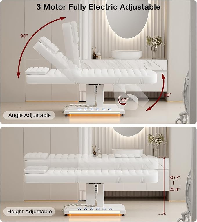 Paddie Luxury Fully Electric Spa Bed, Esthetician Spa Lash Table with LED Lights, Motorized Height & Angle Adjustable for Facial & Medical Treatment, White