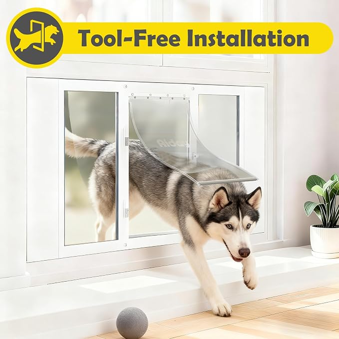 Dog Door for Window, Aluminum Frame Window Pet Door, Adjustable to Fit 33"-38" Width Sliding Windows, Magnetic Closure, Fits Dogs up to 200lb, Extra Large-Plus