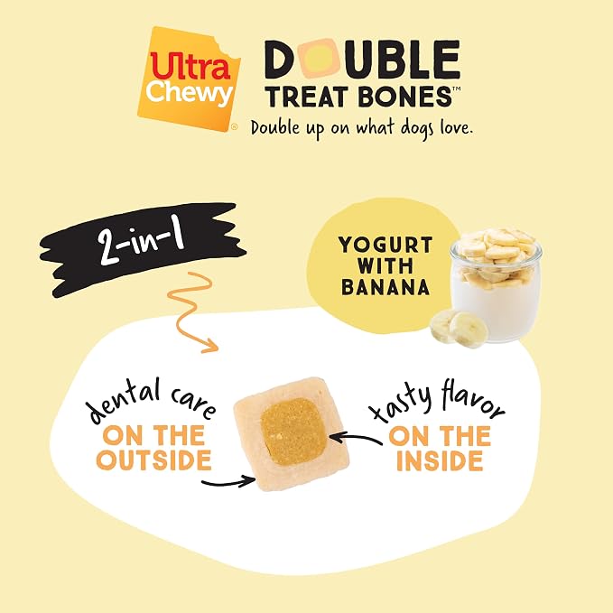 Ultra Chewy 3 Flavor Yogurt Double Treat Bones, Strawberry Blueberry Banana | Long-Lasting, Made in USA, Large and Small Breeds, Highly Digestible, 12 Count