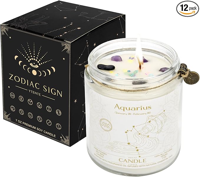 Zodiac Sign Jar Candle, Aquarius, Lavender Scent, Modern Style, Crystal Embellishment, Birthday Gift