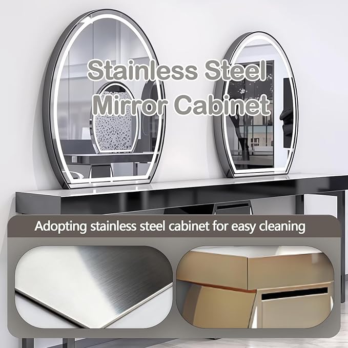 2-Person Salon Station for Hair Stylist with Curved Cabinet & Glowing Accents, Barber Station includes Oval LED Mirror, Large Capacity Storage