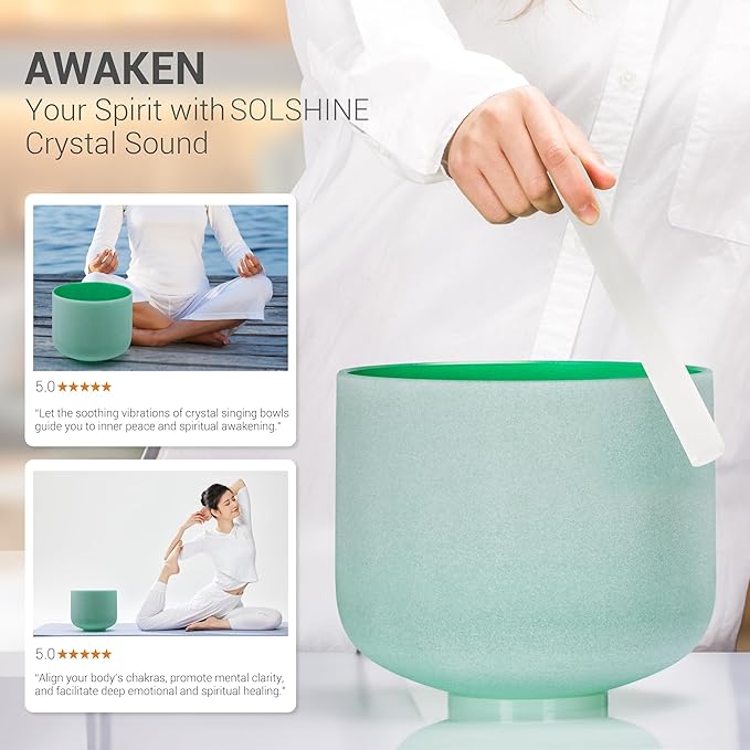 432hz 8 inch Green F Note Heart Chakra Quartz Crystal Singing Bowl with Resonance Striker for Healing Mindfulness Meditation Yoga Sound Baths