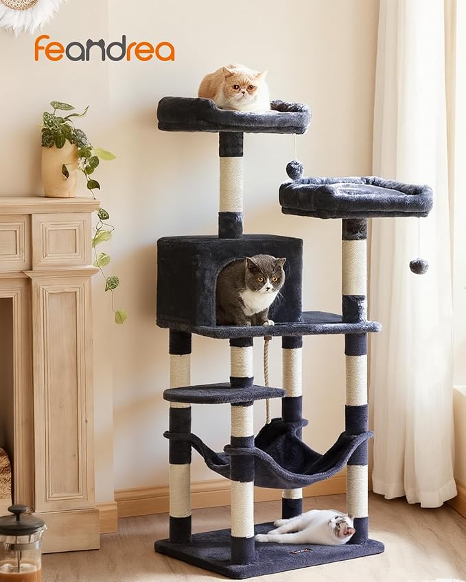 Feandrea Cat Tree, 55.8-Inch Cat Tower, Multi-Level Plush Condo with 11 Scratching Posts, 2 Perches, Hammock, Cave, Smoky Gray UPCT15GYZ