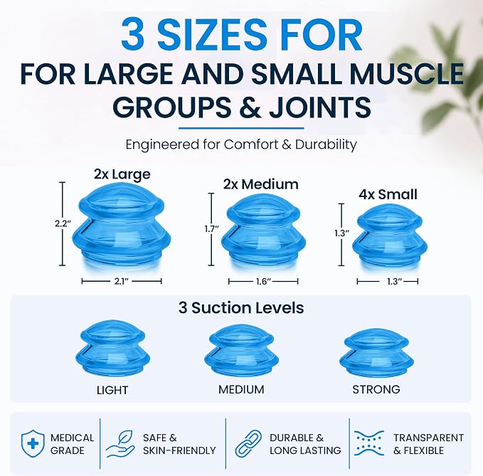 Lure Essentials Edge Silicone Cupping Set, Cupping Kit for Massage Therapy, Long Lasting Cups for Professional & Home Use, Body Sculpt Cup for Cellulite, Ultra Transparent Blue (8 Count)