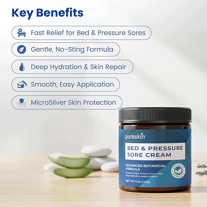 pureskin Bed Sore Cream Fast-Healing: Pressure Sore Treatment for Elderly, Bedridden & Wheelchair Users – Natural Soothing Formula for Sensitive Skin – Large 5 oz Size