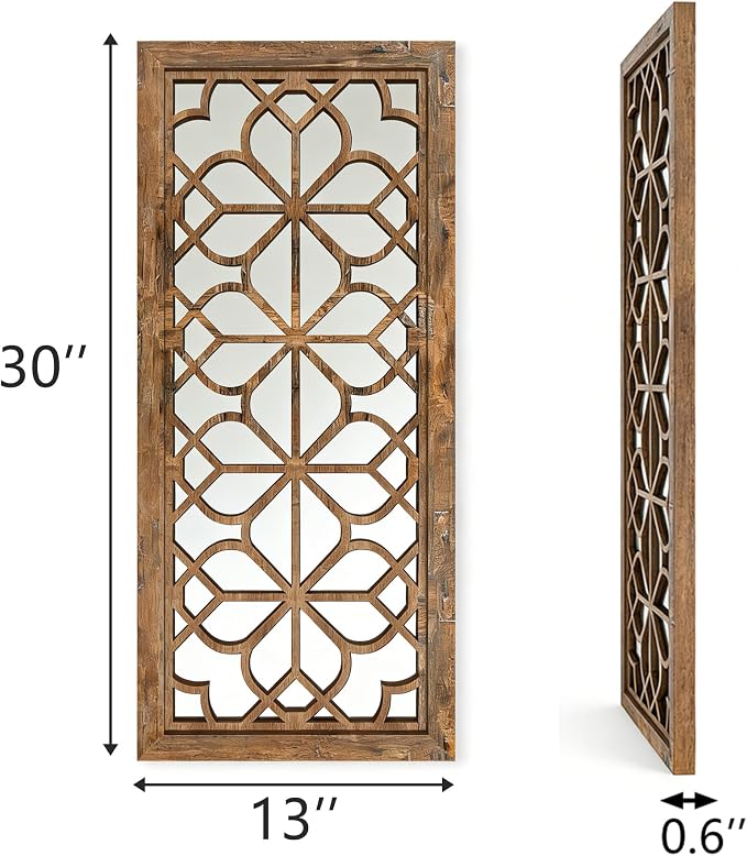 Set of 2 13x30 Inch Large Maroon Shatterproof Carved Floral Wood Frame Wall Mirrors, Boho Farmhouse Rustic Accent Mirrors for Living Room Bedroom Bathroom & Home Decor