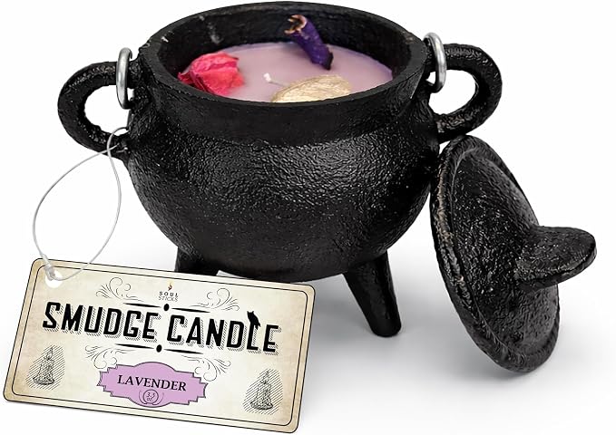 Reusable 4-Inch Cast Iron Cauldron Candle with Lid and Hanging Handle | Ritual & Aromatherapy Candle for Spell Casting, Smudging, Home Cleansing | Herb-Infused with Essential Oils (Lavender)