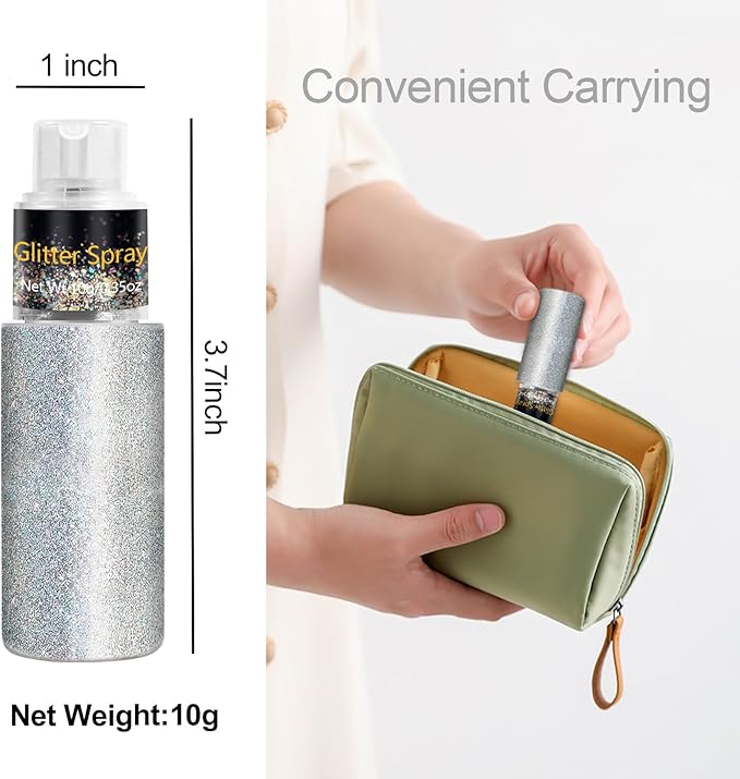 Hair and Body Glitter Spray, Holographic Glitter Highlighter Powder for Rumi Costume Cosplay Makeup, Face Body Clothes Shiny Glitter, Loose Shimmer Hairspray Festival Rave Prom Accessories (Silver)