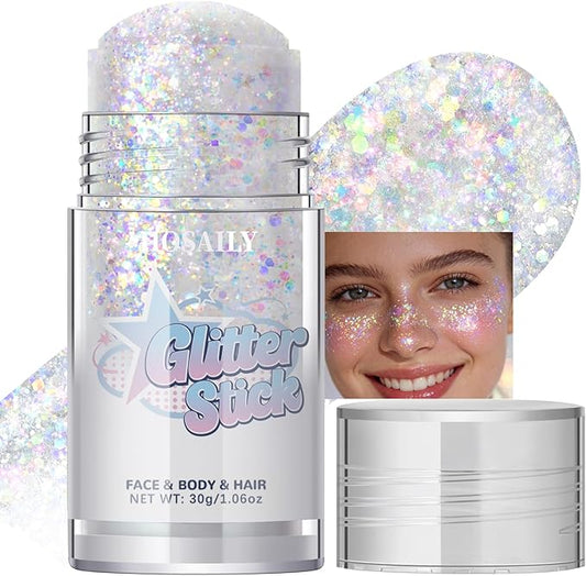 Dazzle White Body Glitter Stick, Holographic Fairy Costume Makeup Face Hair Glitter Stick Rave Outfits for Women, Shimmer Face Paint Singer Concert Festival Party Accessories, 1.06 OZ