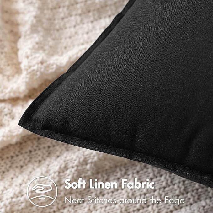 MIULEE Euro Shams Decorative Linen Pillow Covers 24x24 Inch Black | Pack of 2, Boho Farmhouse Modern Soft Accent Throw Pillows, Neutral Cushion Covers, Home Decor for Bed Sofa Couch Living Room