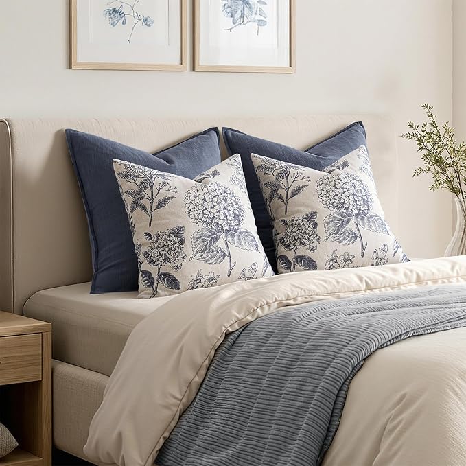 Set of 2 Decorative Floral Pillow Covers 22x22 Inch Navy Blue | Neutral Hydrangea Print, Boho Vintage Throw Cushion Covers, Cottagecore Home Decor, for Sofa Couch Porch Bedroom Living Room