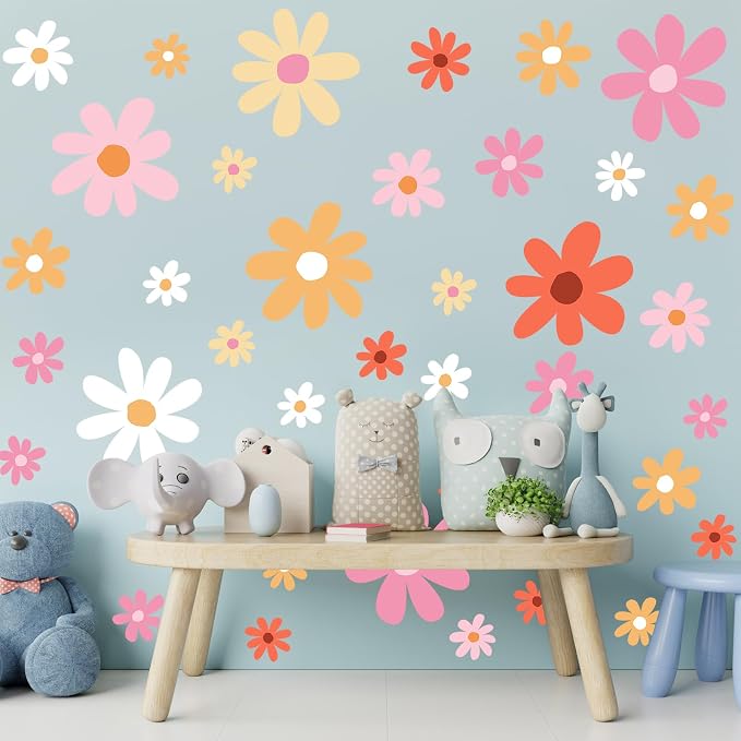 TaoBary 12 Sheet Daisy Wall Sticker Decal,Orange,Lovely Style | Big Flower Wall Sticker, Pink White Floral Decal, Daisy Bedroom Room Decor, Removable Peel and Stick, Nursery Home Wall Decor