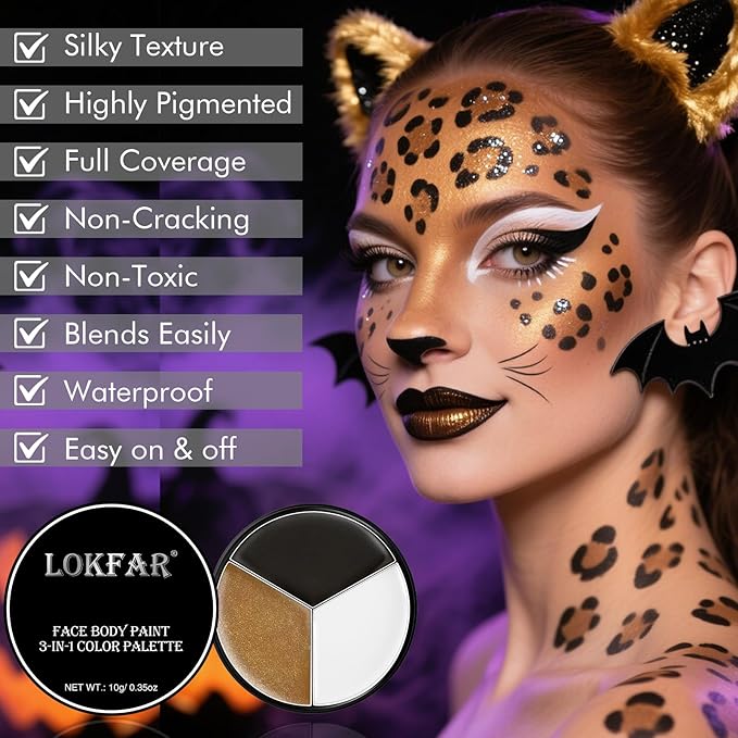 Black White Metallic Brown Face & Body Paint - Blendable Facepaint Foundation with Sponge & Brush for Skin, Professional Halloween Face Make-up Kit for Cat Deer Cheetah Leopard Tiger Lion Costume