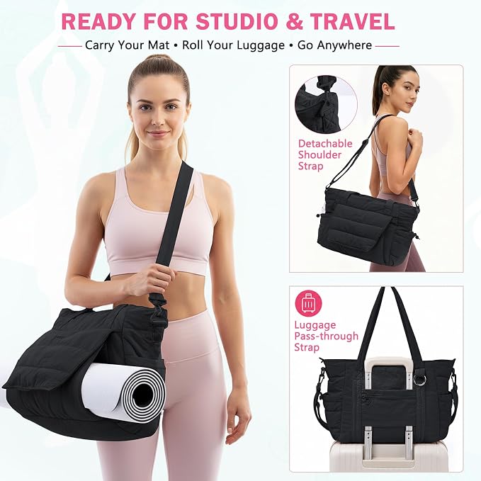 Yoga Tote Bag for Women with Yoga Mat Holder & Luggage Sleeve, Large Pilates Gym Bag with 16" Laptop Compartment, Lightweight Puffer Quilted Travel Tote with Water Bottle Pockets for Work