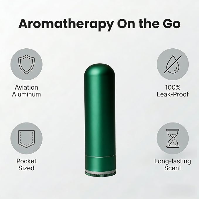 Aromatherapy Inhaler, Metal Essential Oil Diffuser with Leak-Proof Seal & Cotton Wick Holder, Refillable Nasal Stick for Anxiety, Allergies, Travel - 20 Wicks Included (Green)