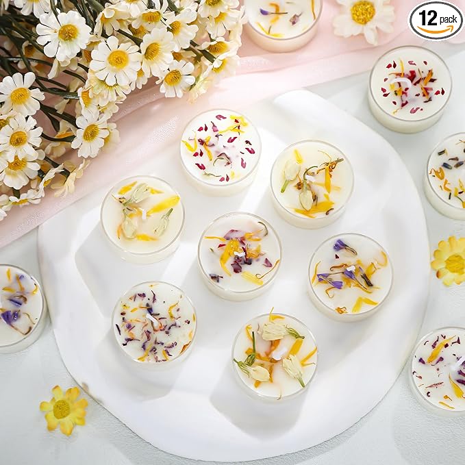 Honoson 12 Pcs Scented Tealights Dried Flower Candles Wedding Bridesmaid Gift 4 Floral Scents Jasmine Lavender Rose and Globe Purple 8-Hour Smokeless Tealight Candles for Wedding Bridal Shower Spa