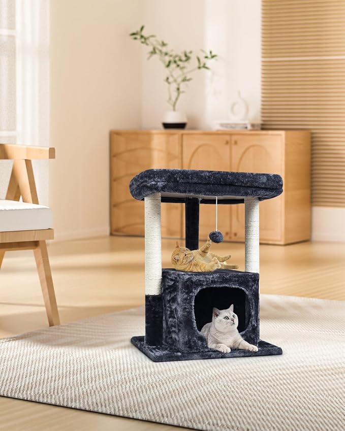 SYANDLVY 27IN Cat Tree for Indoor Cats Large Adult, Modern Activity Tower | Scratching Posts, Condo with Plush Perch, Climbing Stand with Spring Ball for Play, Smoky