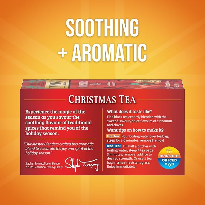 Twinings Christmas Black Tea Individually Wrapped Bags, 20 Count (Pack of 1), Aromatic Cinnamon & Clove, Caffeinated, Enjoy Hot or Iced, 20 Teabags