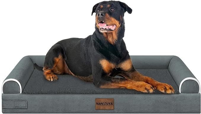 Orthopedic Dog Bed for XX-Large Dogs, 44 x 34 Inch, Dark Grey | Egg crate foam for joint support, 3-sided bolster pet sofa, waterproof lining, washable cover, and non-skid base