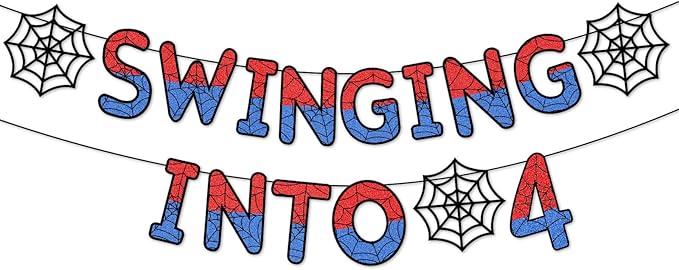 Spider Themed 4th Birthday Banner Glitter Swinging into 4 Banner Pre-strung Ghost Spider Web 4th Birthday Decorations Party Supplies for Third 4 Year Old Boys Girls Kids(4 Years)