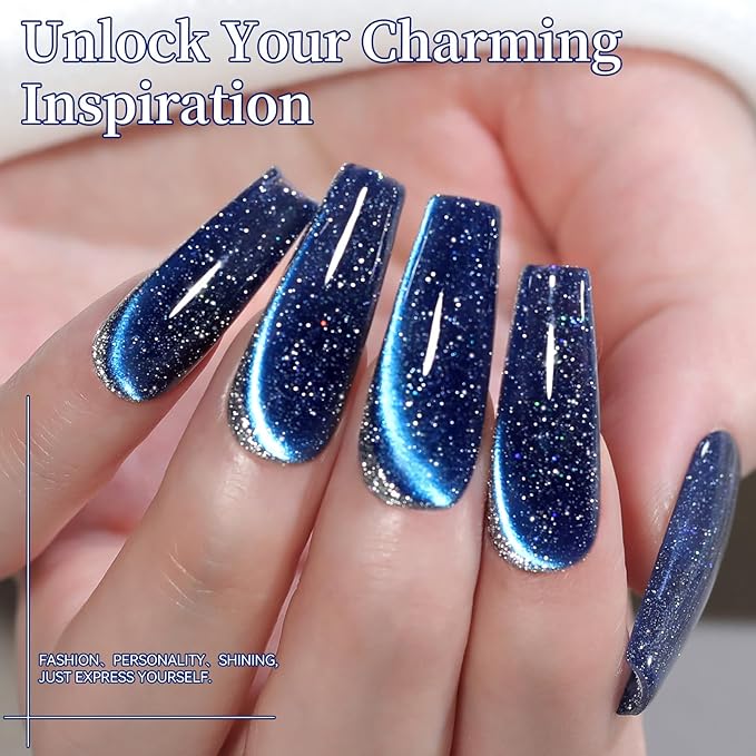 Born Pretty Reflective Glitter Cat Magnetic Eye Gel Nail Polish 15ML,Blue Glitter Holographic Magnetic Gel Polish,Sparkly Shiny Disco DJ U V Nail Polish with Magnet for Home DIY Salon